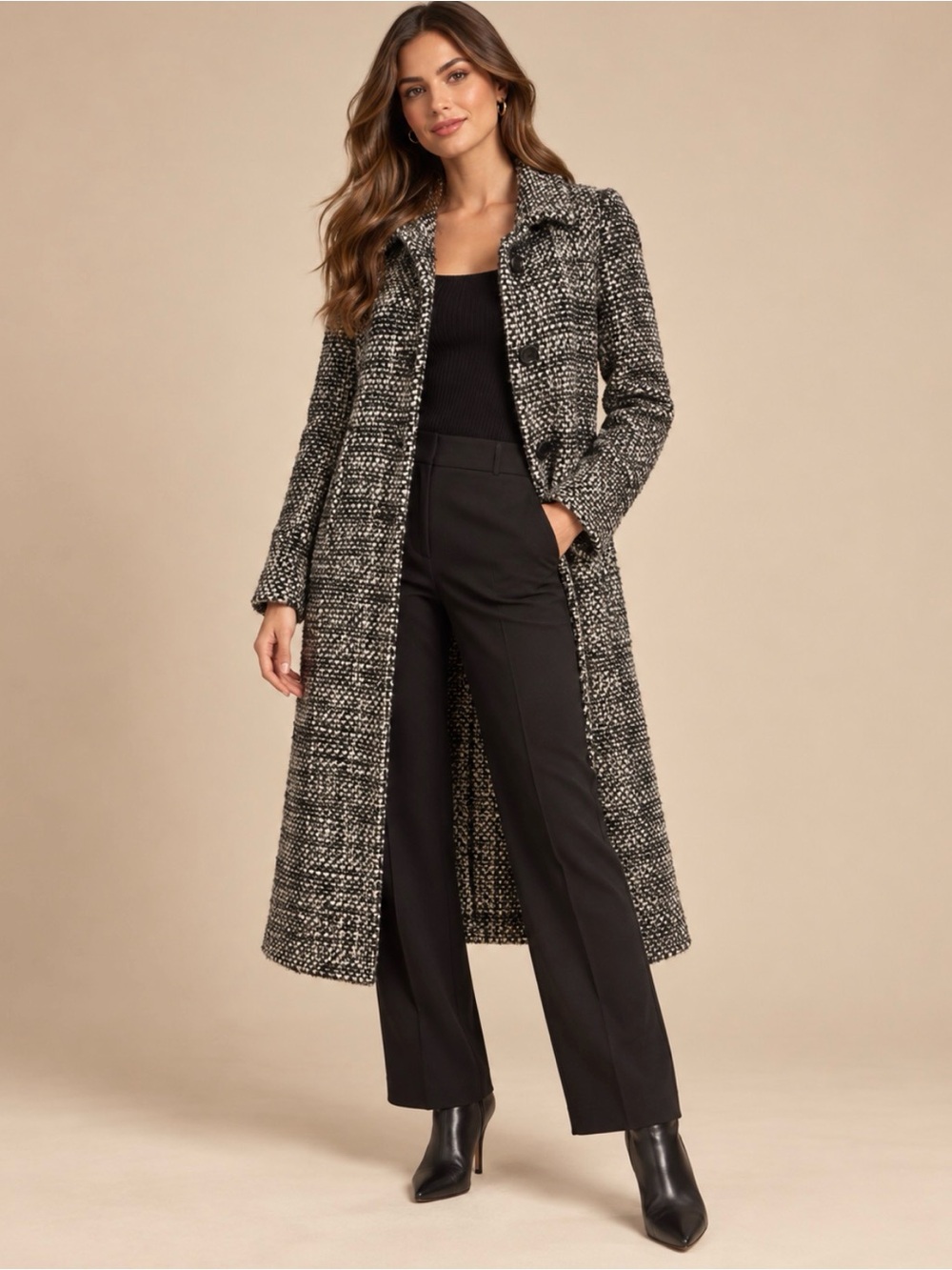 Tara Jarmon Black & White Bouclé Tweed Women's 100% Wool Coat Size 40 US 8
